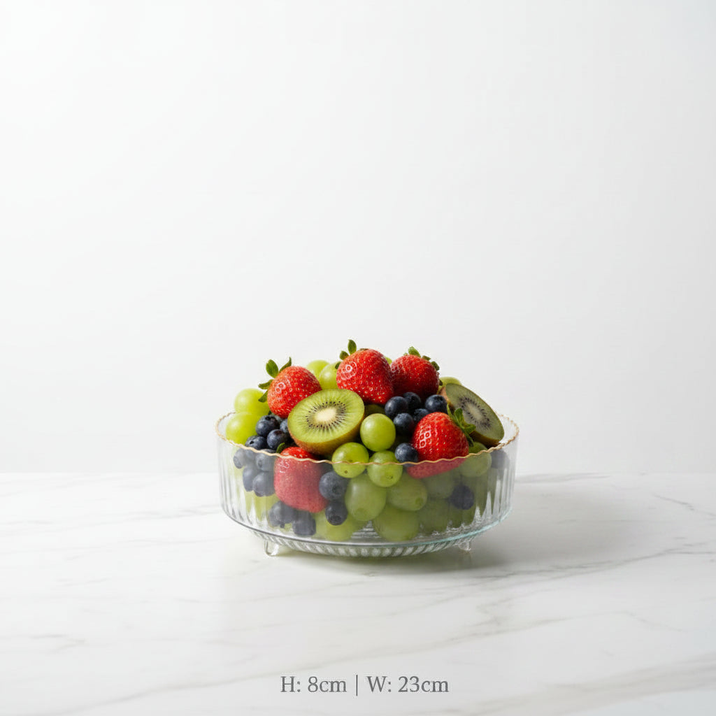 360-Degree Rotating Ribbed Clear Plastic Fruit Bowl with Gold Rim – Decorative Serving Bowl