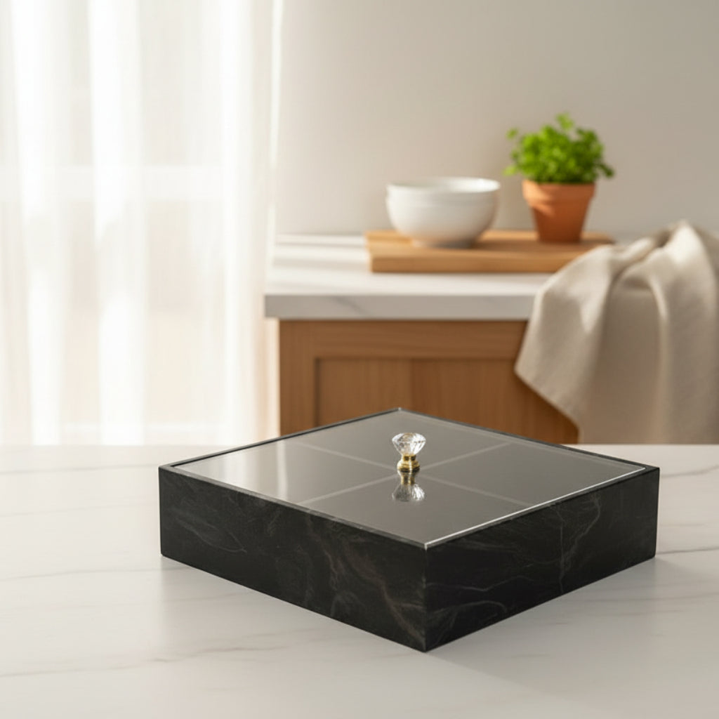 Black Marble-Look 4-Grid Snack & Dry Fruit Box – Clear Plastic Lid & Crystal Knob