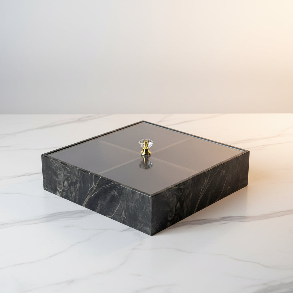 Black Marble-Look 4-Grid Snack & Dry Fruit Box – Clear Plastic Lid & Crystal Knob
