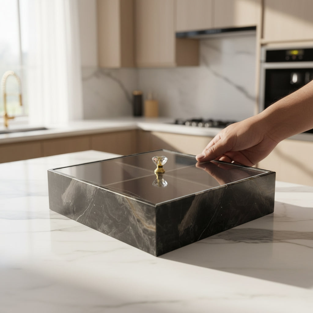 Black Marble-Look 4-Grid Snack & Dry Fruit Box – Clear Plastic Lid & Crystal Knob