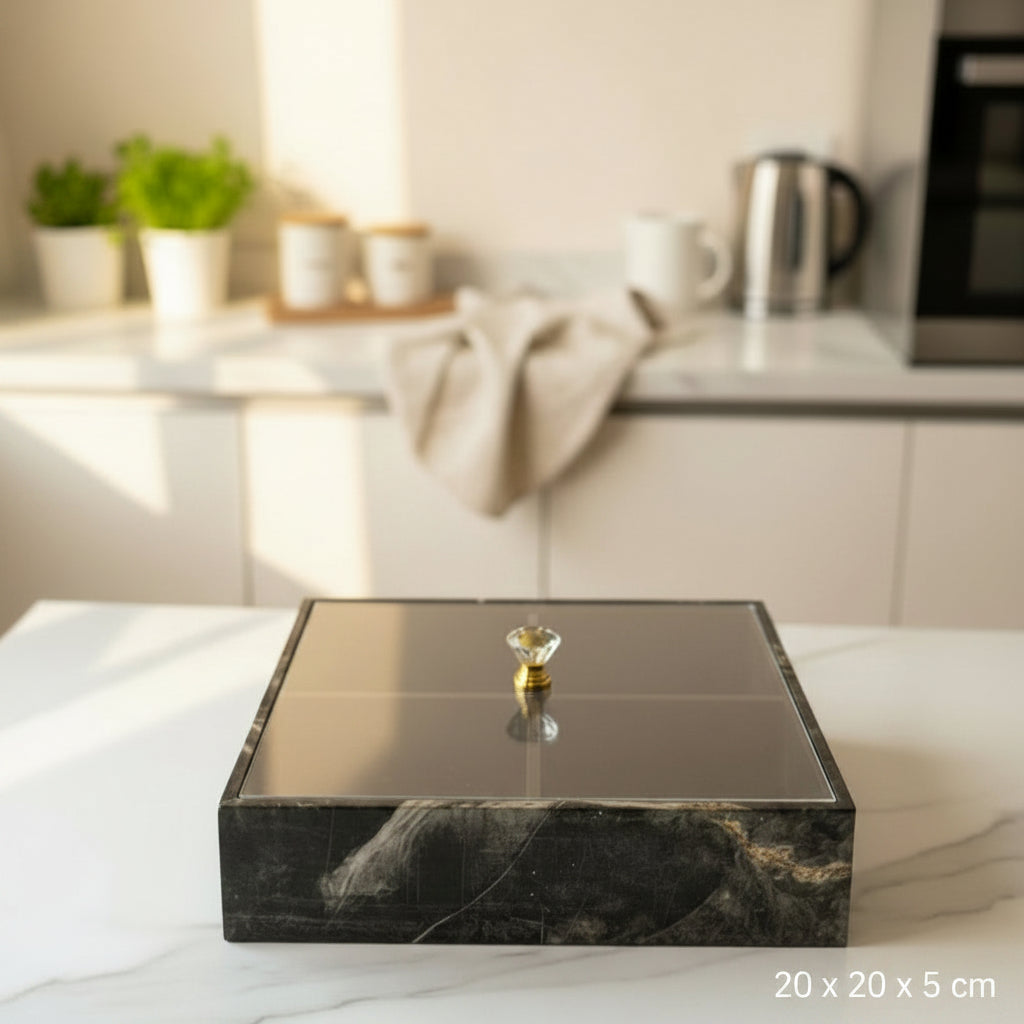 Black Marble-Look 4-Grid Snack & Dry Fruit Box – Clear Plastic Lid & Crystal Knob