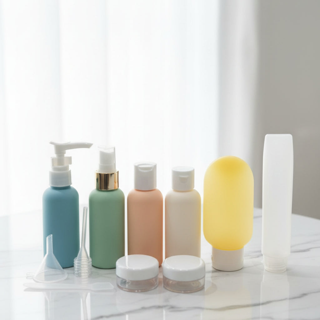 Portable Travel Bottle Set – Leak-Proof Refillable Toiletry Containers with Funnels & Jars