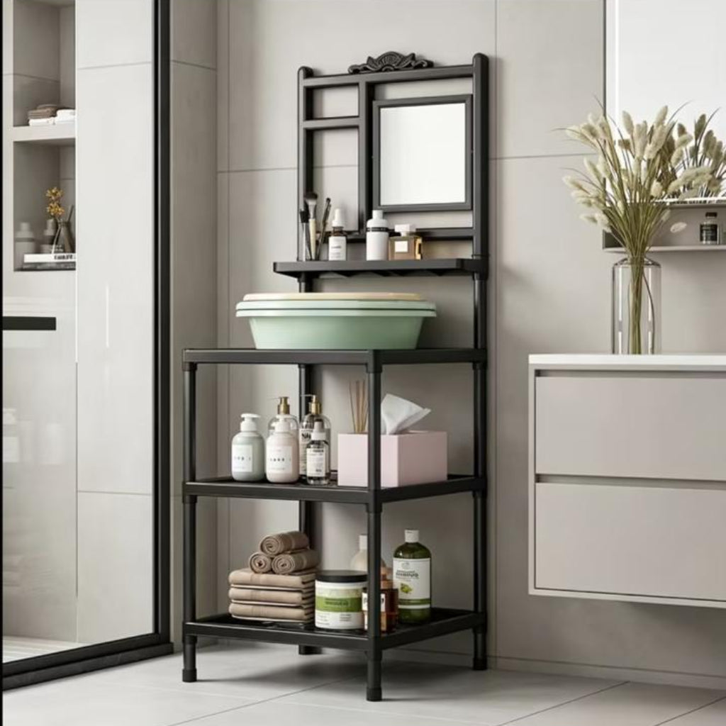 Multi-Layer Bathroom Storage Rack with Mirror – Space-Saving Organizer