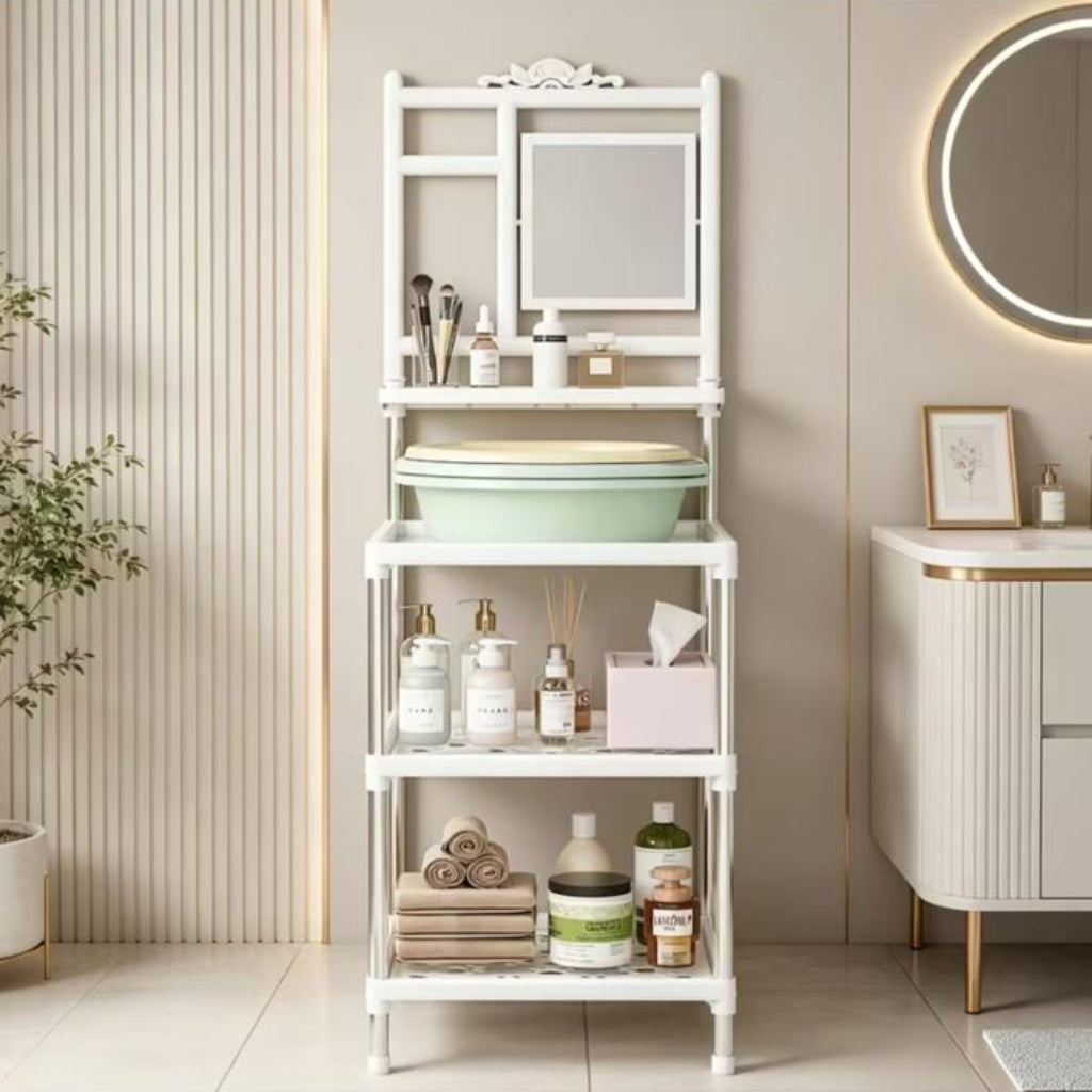Multi-Layer Bathroom Storage Rack with Mirror – Space-Saving Organizer
