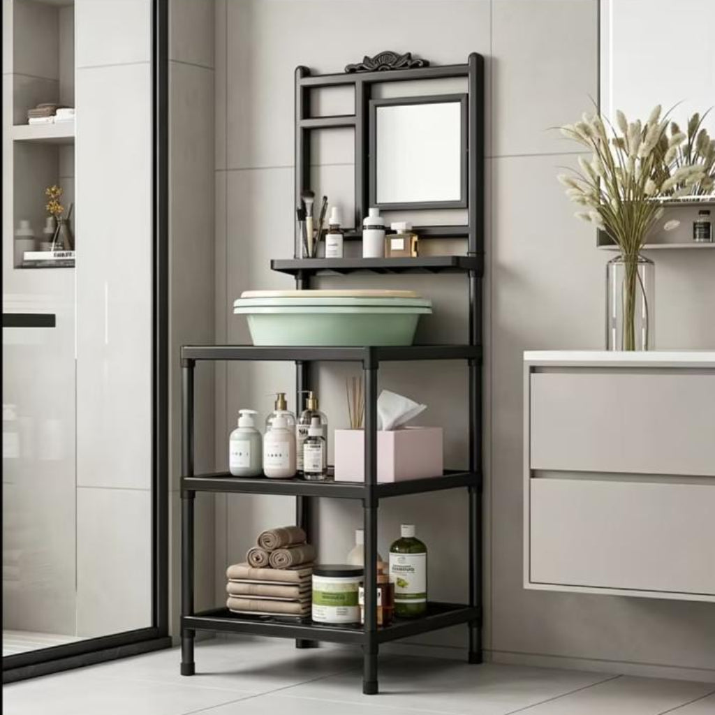 Multi-Layer Bathroom Storage Rack with Mirror – Space-Saving Organizer
