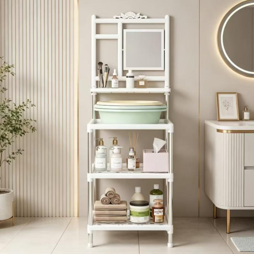 Multi-Layer Bathroom Storage Rack with Mirror – Space-Saving Organizer