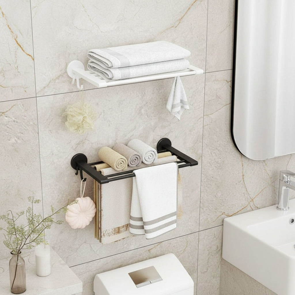 Wall-Mounted Bathroom Towel Rack with Shelf and Hooks – Multipurpose Storage Organizer