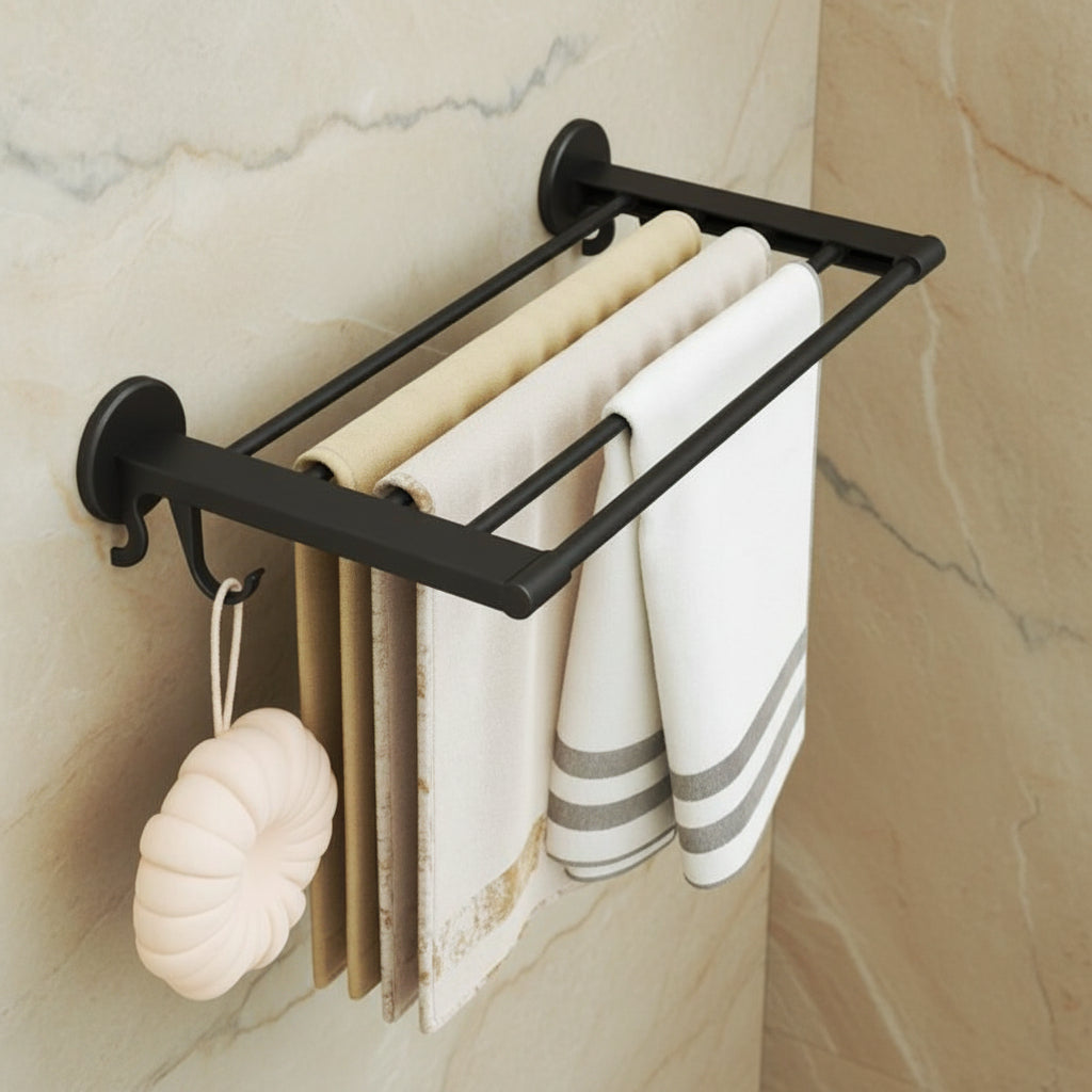 Wall-Mounted Bathroom Towel Rack with Shelf and Hooks – Multipurpose Storage Organizer