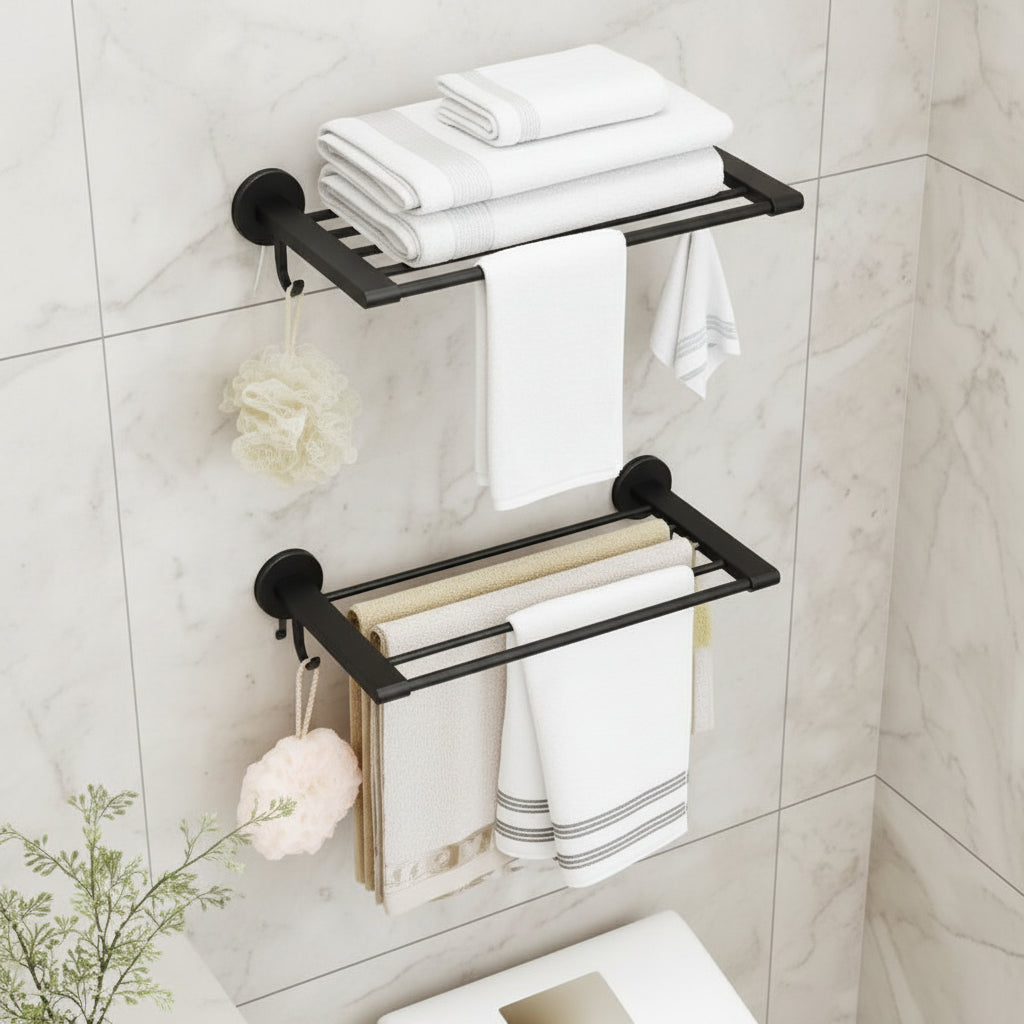Wall-Mounted Bathroom Towel Rack with Shelf and Hooks – Multipurpose Storage Organizer
