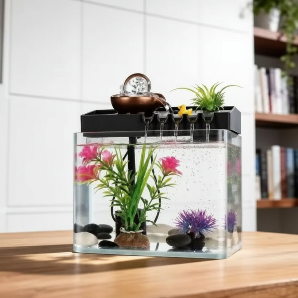 Desktop Aquarium Fish Tank with Waterfall Filter & Decorative Plants