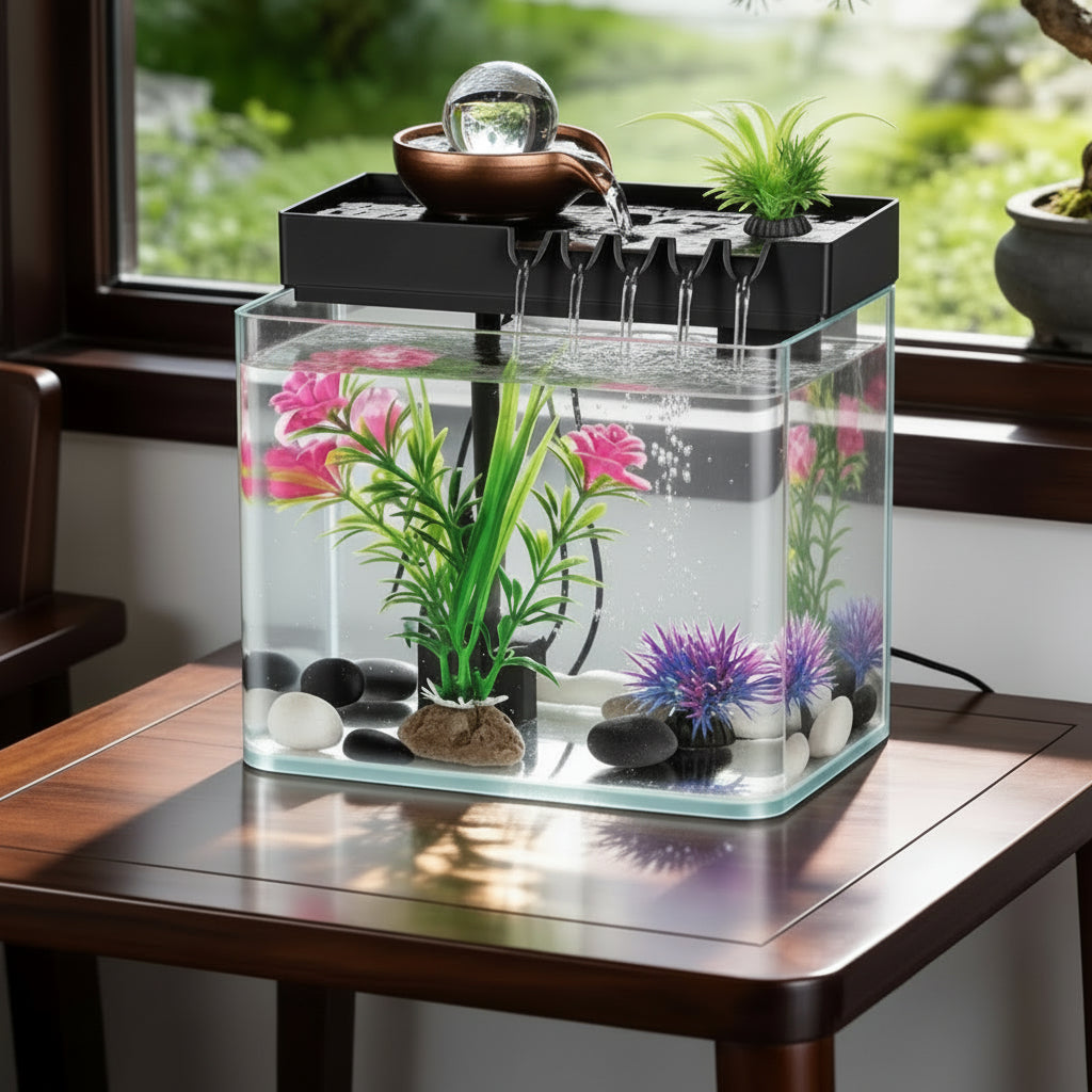 Desktop Aquarium Fish Tank with Waterfall Filter & Decorative Plants