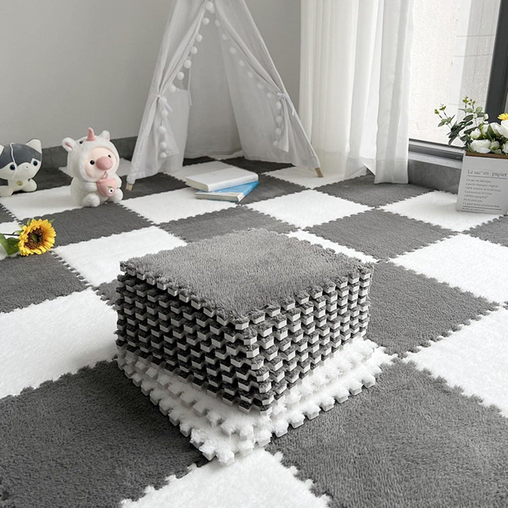 10 PCS Interlocking Fluffy Foam Floor Mats – Grey & White