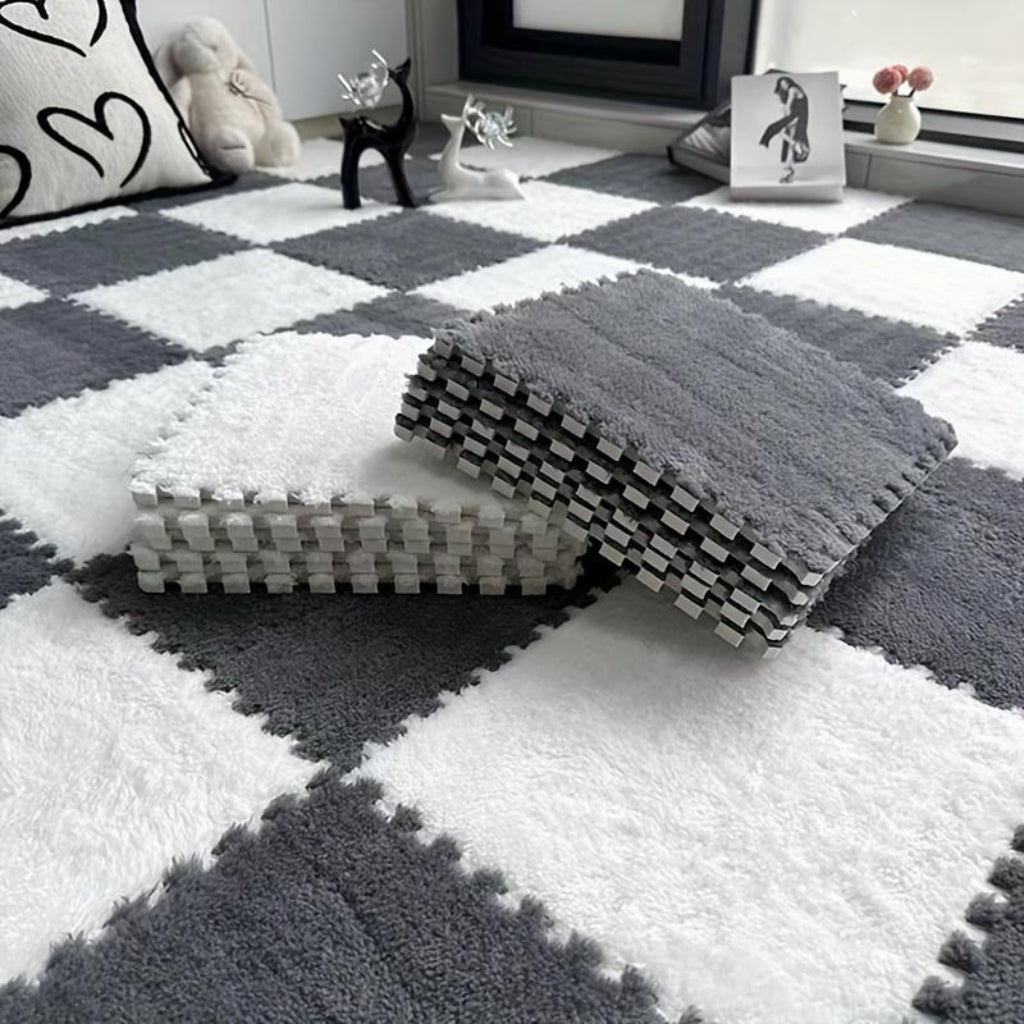 10 PCS Interlocking Fluffy Foam Floor Mats – Grey & White