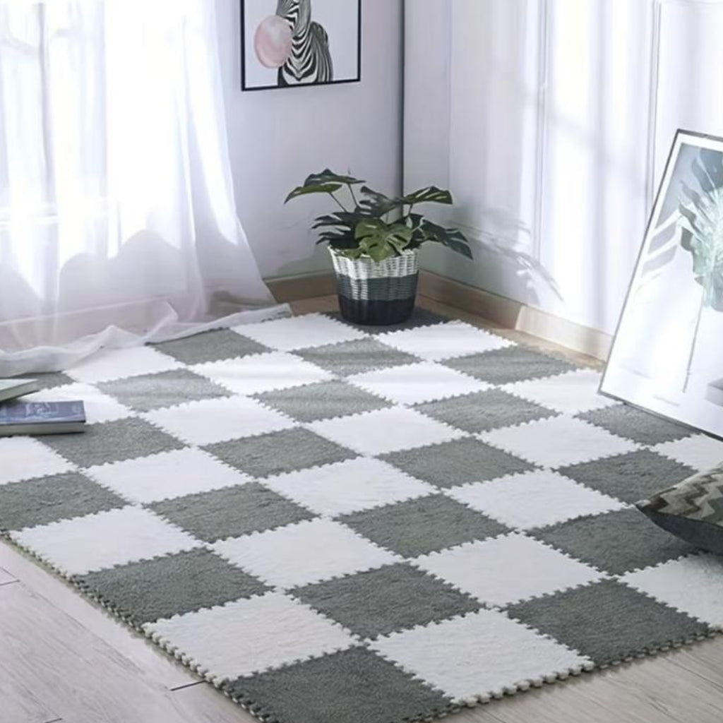 10 PCS Interlocking Fluffy Foam Floor Mats – Grey & White