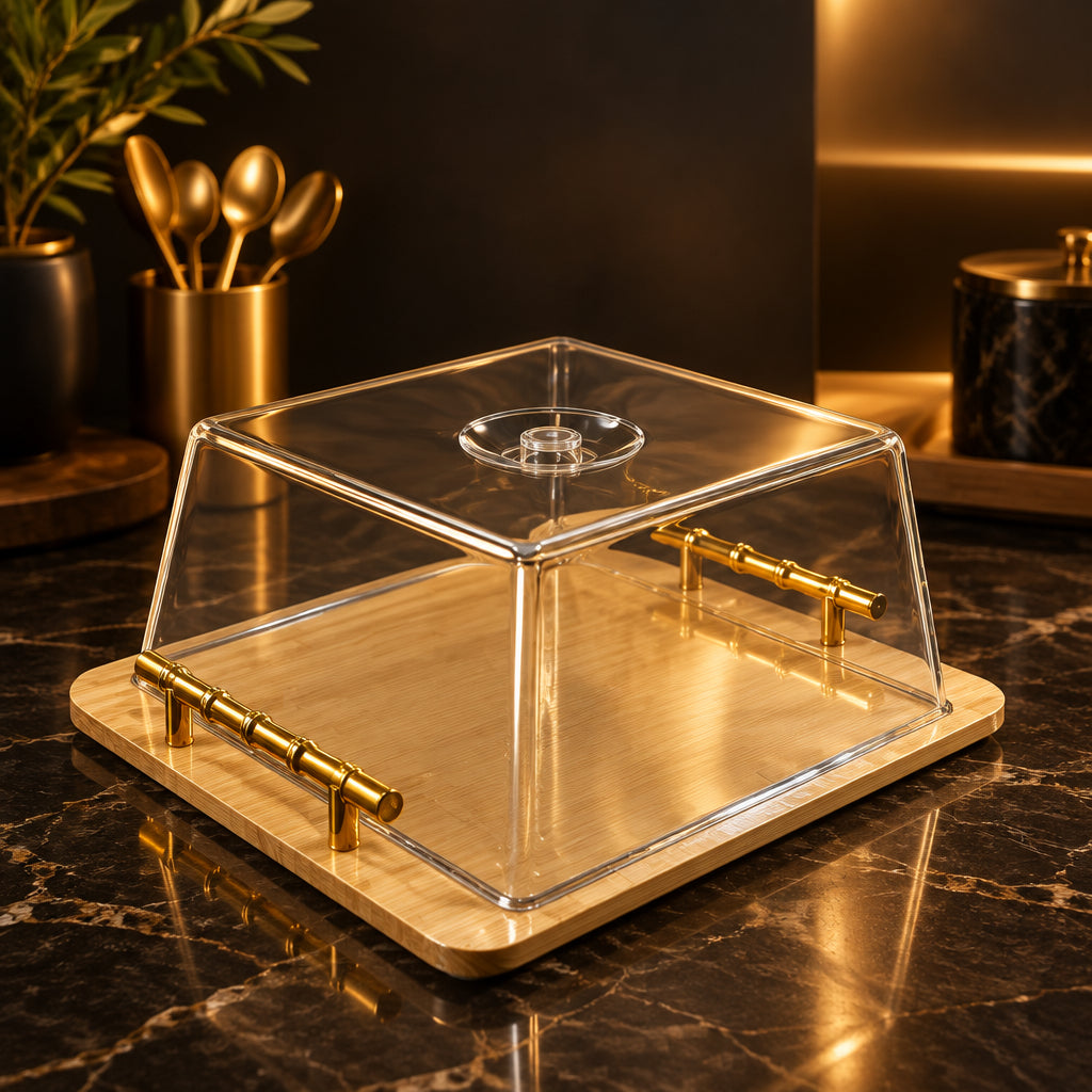 Luxury Wooden Serving Tray with Clear Acrylic Cover – Elegant Food & Snack Display Tray