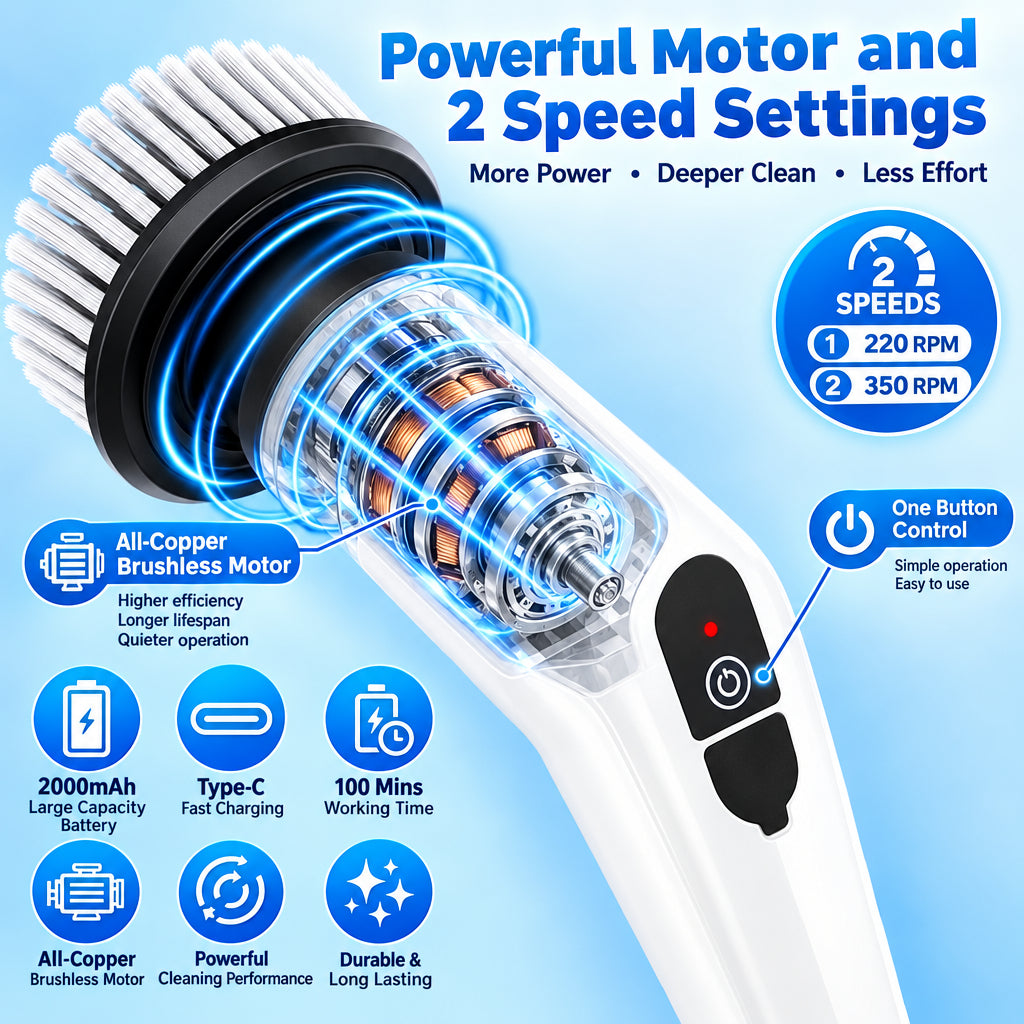 Cordless Electric Spin Scrubber – Long Extension Rod with Multiple Replaceable Brush Heads