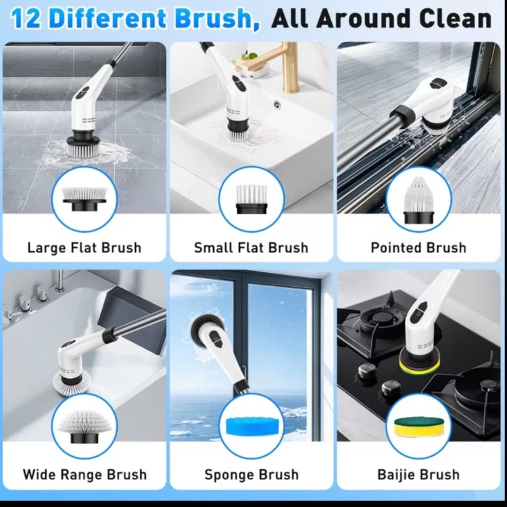 Cordless Electric Spin Scrubber – Long Extension Rod with Multiple Replaceable Brush Heads