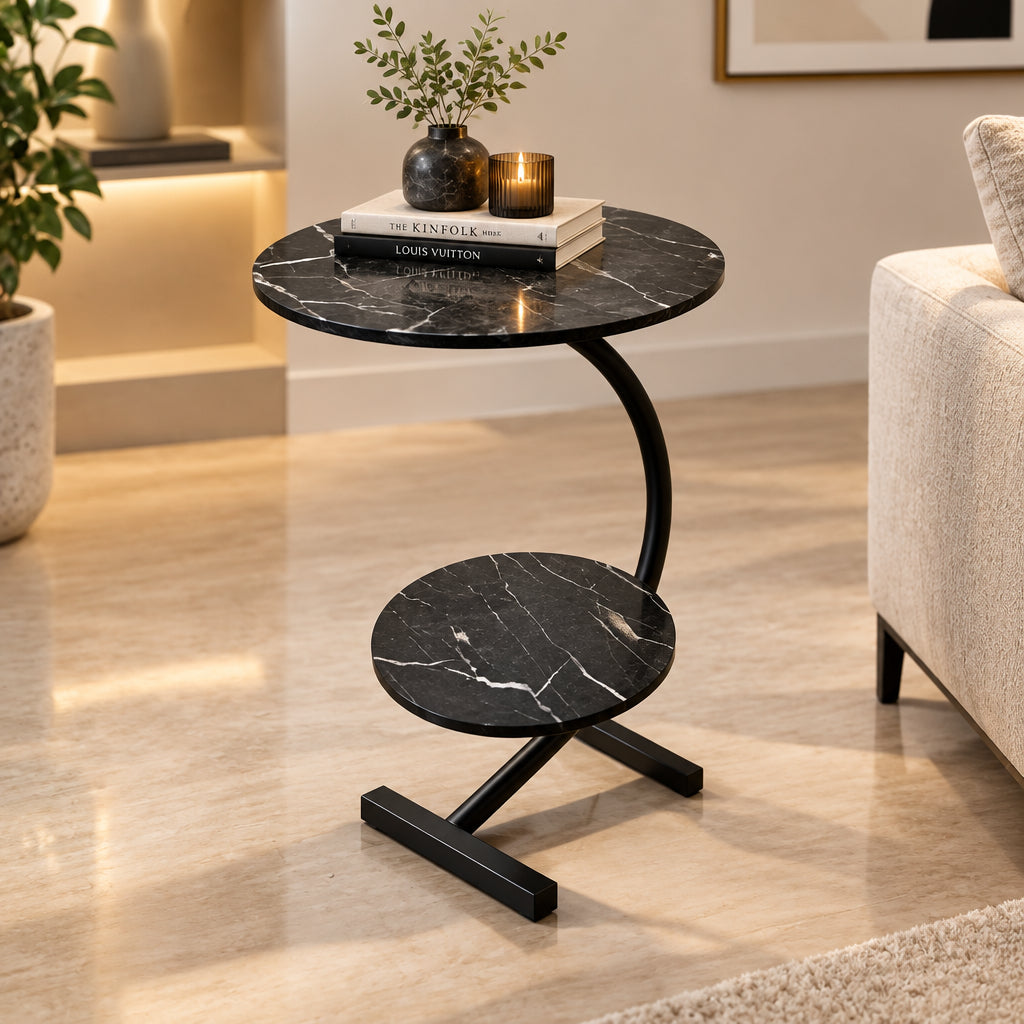2-Tier C-Shaped Wooden Side Table – Black Marble-Pattern Top with Sturdy Metal Frame