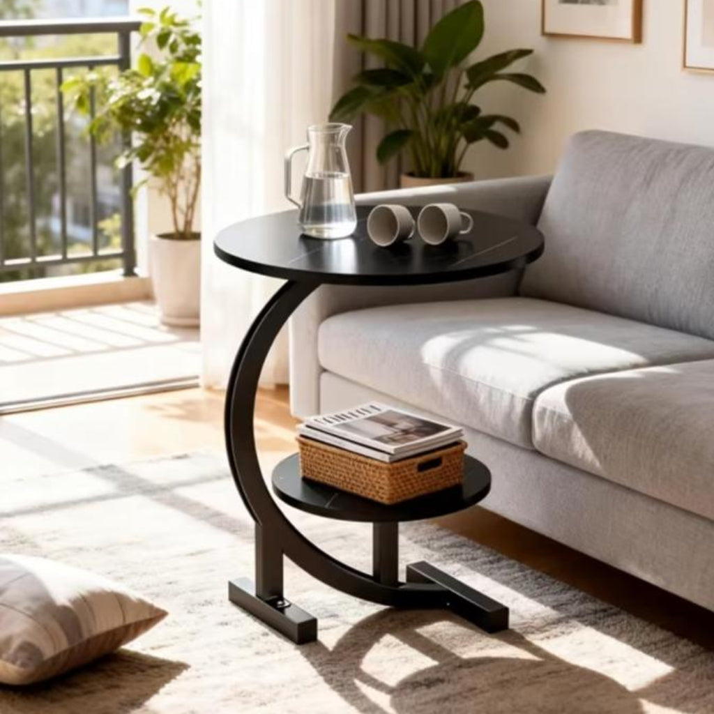 2-Tier C-Shaped Wooden Side Table – Black Marble-Pattern Top with Sturdy Metal Frame