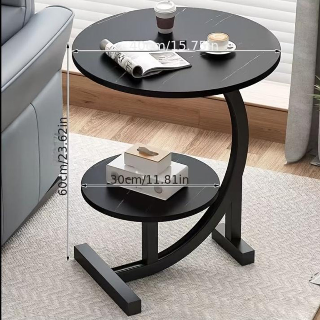 2-Tier C-Shaped Wooden Side Table – Black Marble-Pattern Top with Sturdy Metal Frame