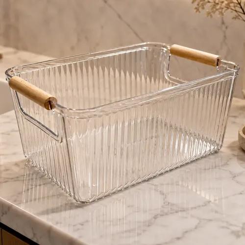 Clear Fluted Storage Organizer Bin with Wooden Handles