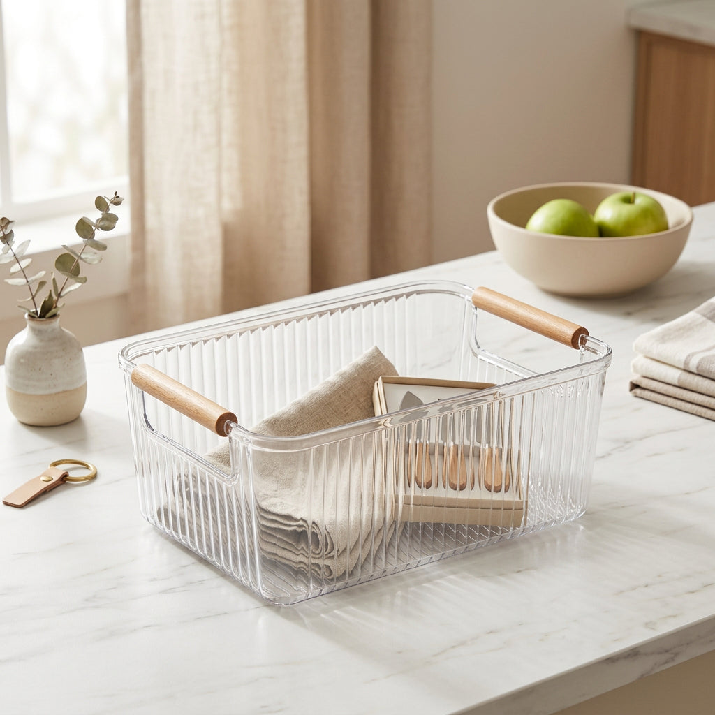 Clear Fluted Storage Organizer Bin with Wooden Handles