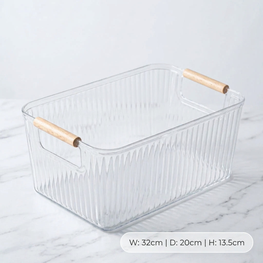 Clear Fluted Storage Organizer Bin with Wooden Handles