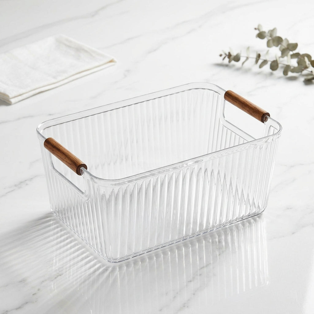 Clear Fluted Storage Organizer Bin with Wooden Handles