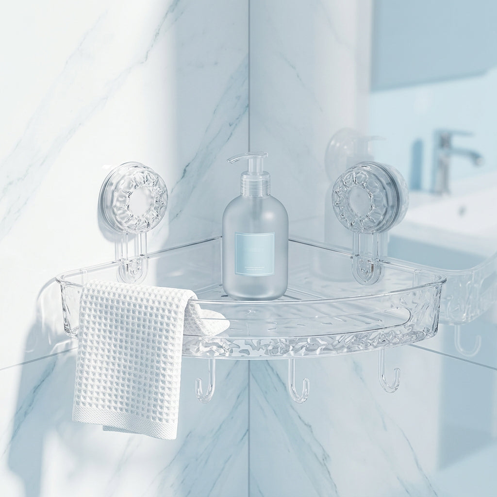Triangular Corner Shower Shelf with Suction Cups & Hooks – Glacier Pattern Bathroom Storage Organizer
