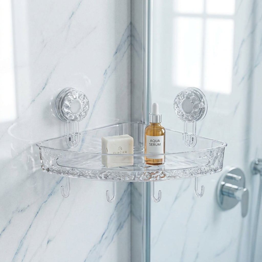 Triangular Corner Shower Shelf with Suction Cups & Hooks – Glacier Pattern Bathroom Storage Organizer