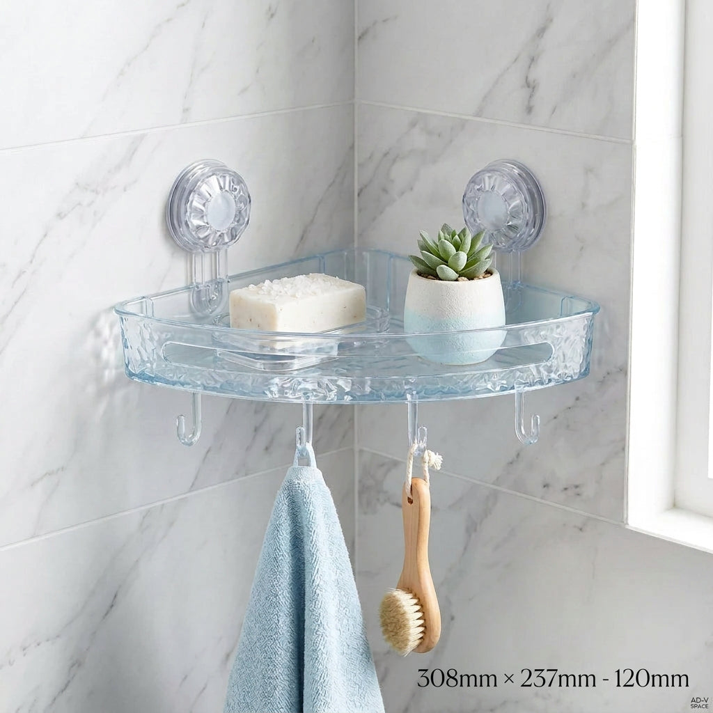 Triangular Corner Shower Shelf with Suction Cups & Hooks – Glacier Pattern Bathroom Storage Organizer