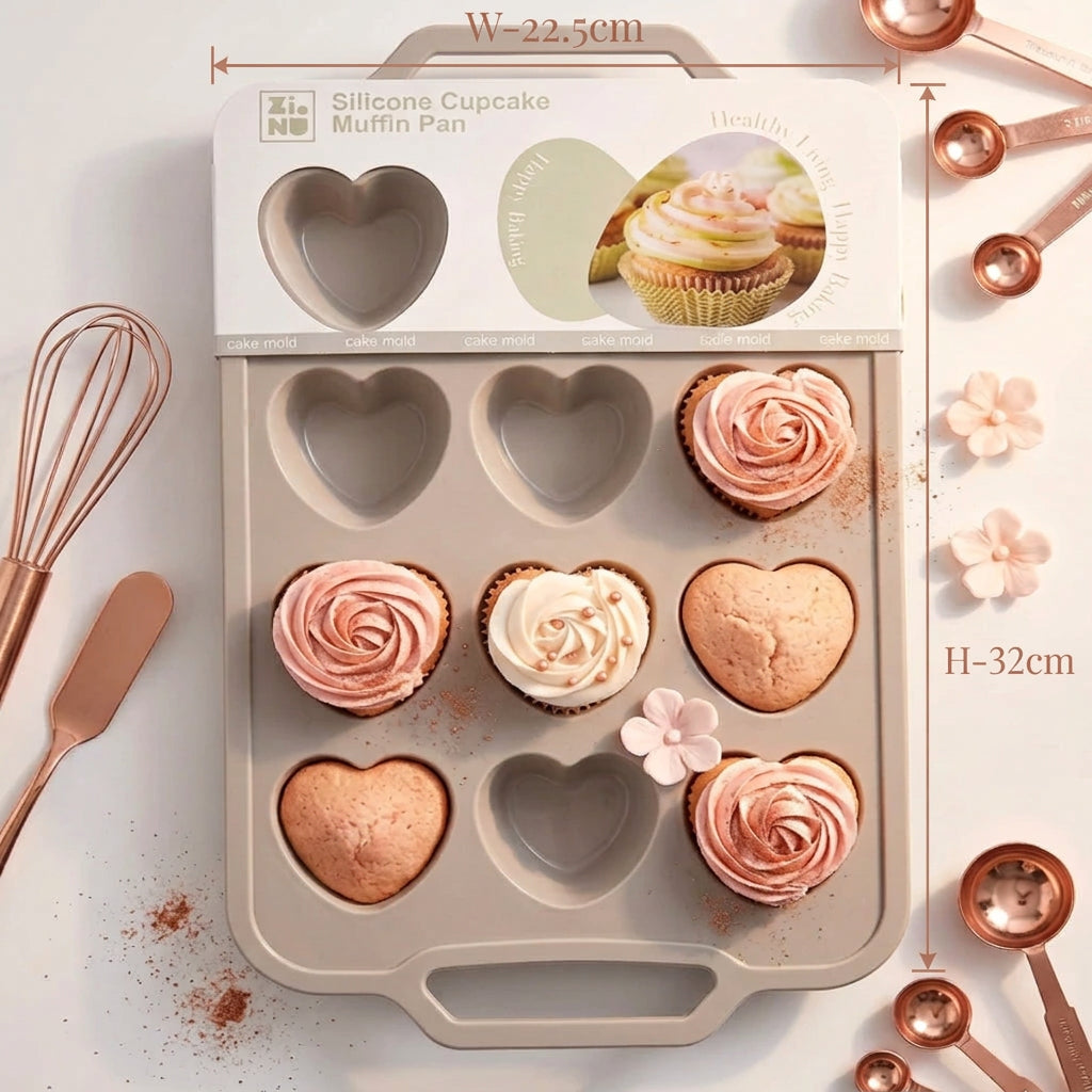 Heart-Shaped Silicone Cupcake & Muffin Pan – 12 Cavities, Non-Stick Baking Mold with Built-In Frame Handles
