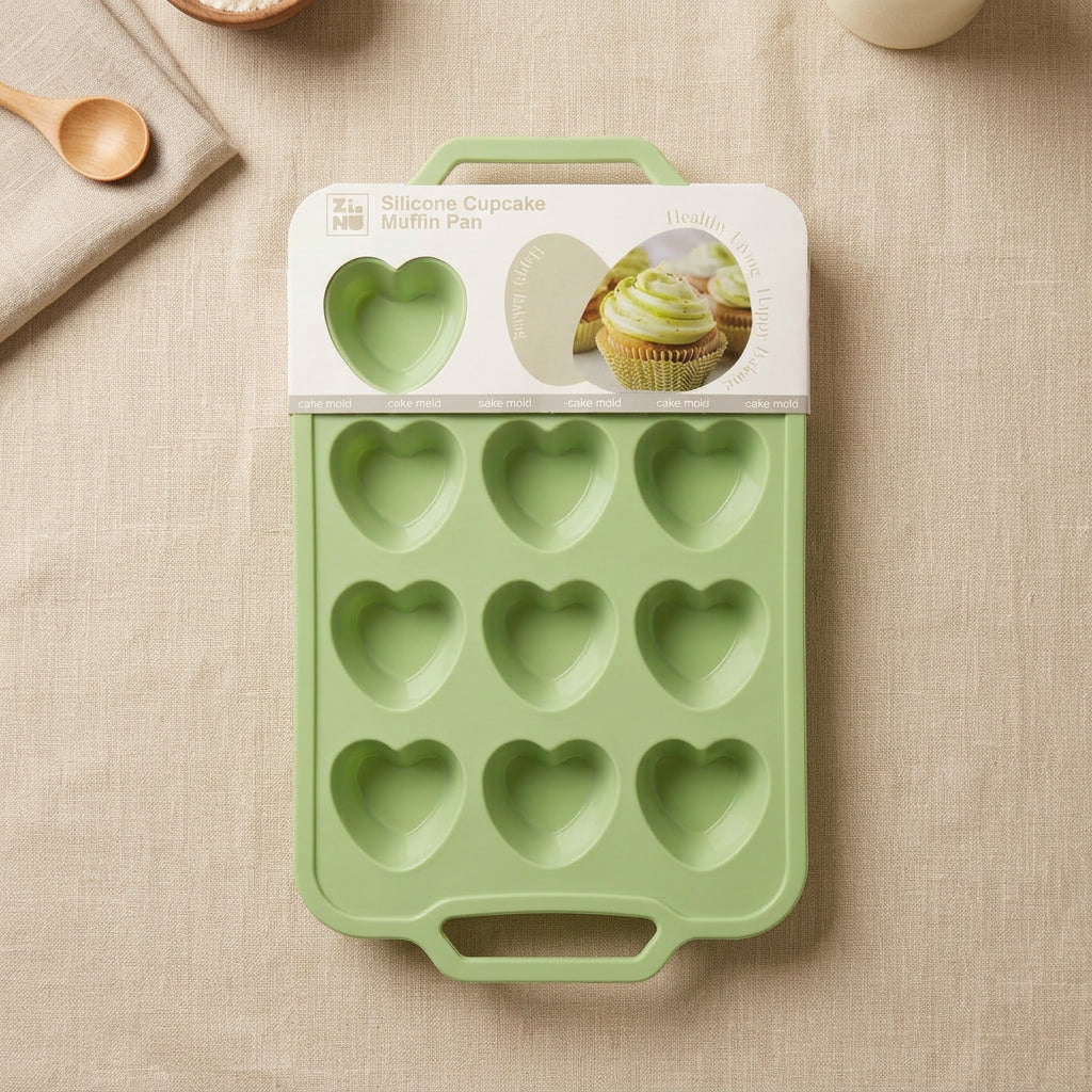 Heart-Shaped Silicone Cupcake & Muffin Pan – 12 Cavities, Non-Stick Baking Mold with Built-In Frame Handles