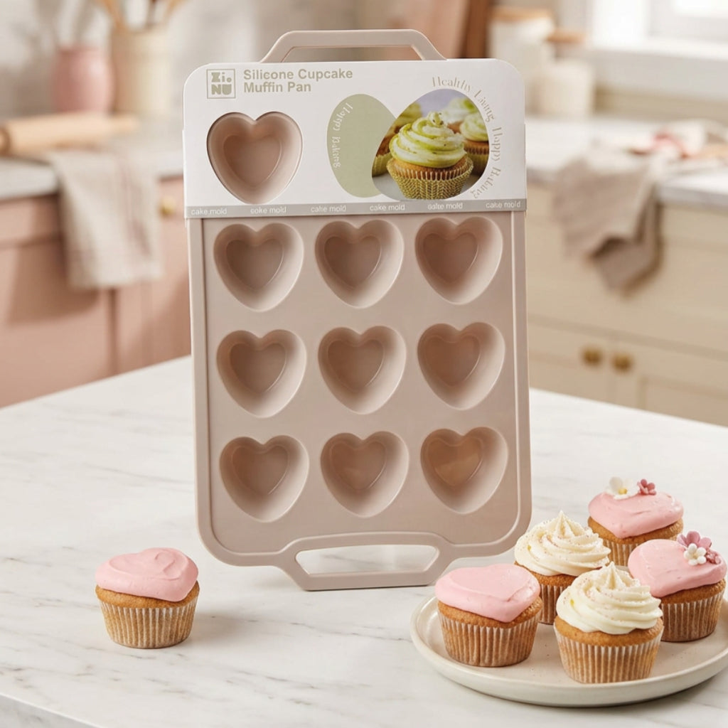 Heart-Shaped Silicone Cupcake & Muffin Pan – 12 Cavities, Non-Stick Baking Mold with Built-In Frame Handles