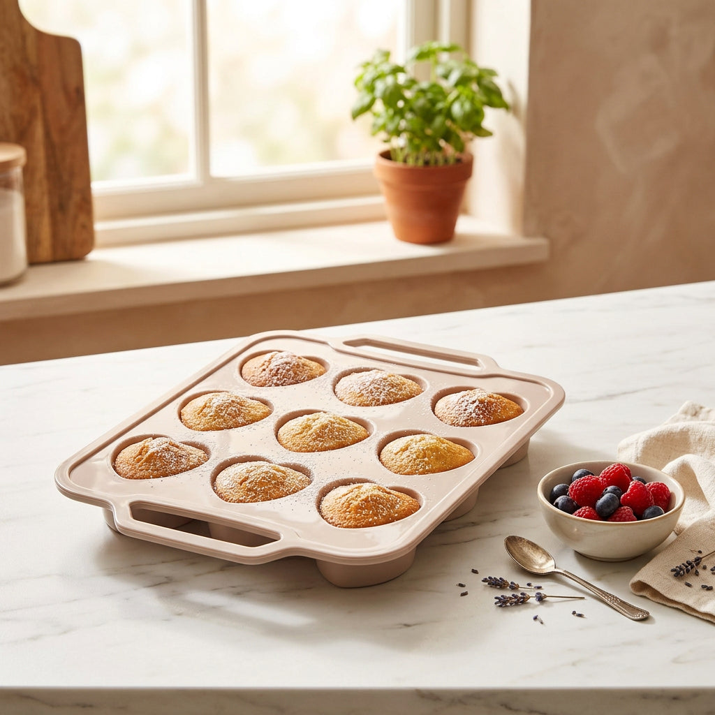 Heart-Shaped Silicone Cupcake & Muffin Pan – 12 Cavities, Non-Stick Baking Mold with Built-In Frame Handles