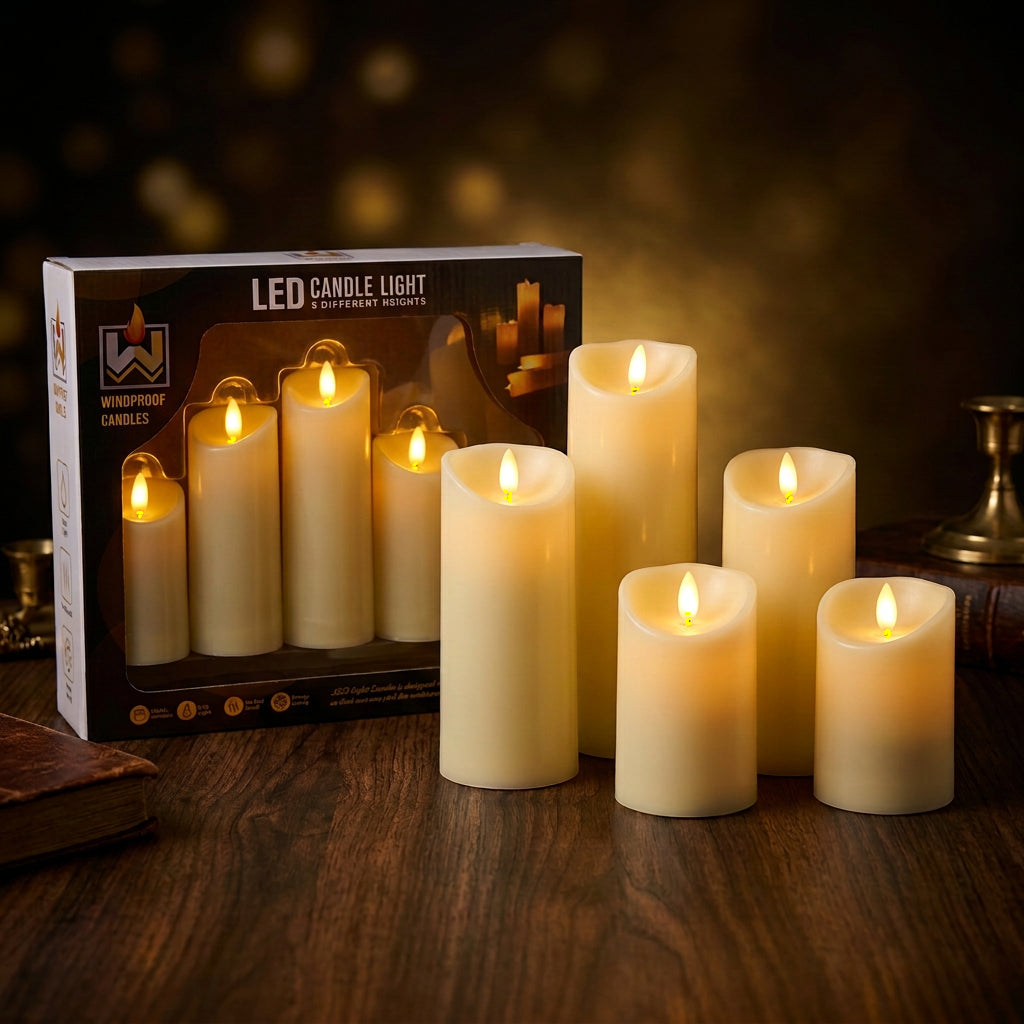 Flameless LED Candle Set – 5 Pieces, Different Heights, Warm Flickering Light