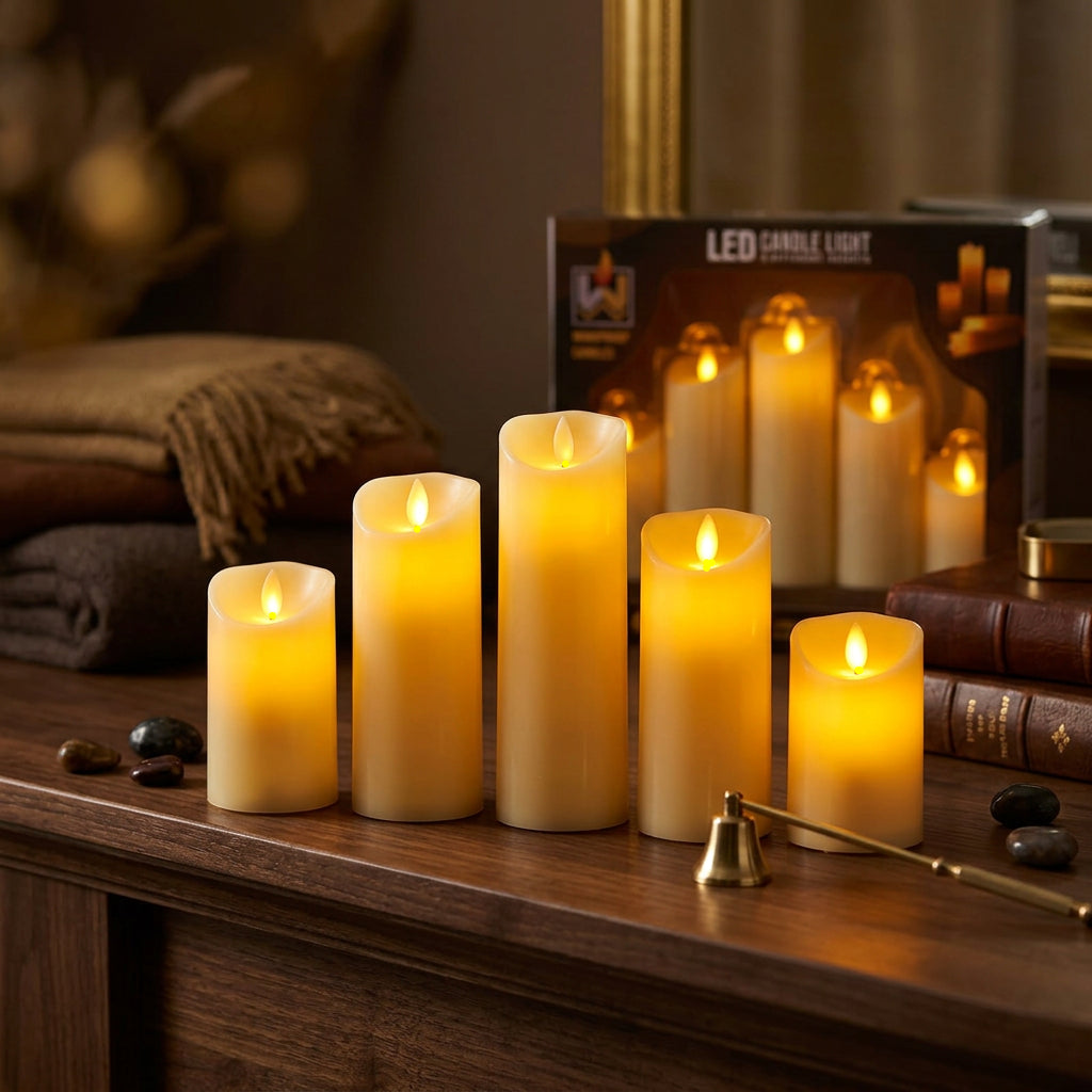 Flameless LED Candle Set – 5 Pieces, Different Heights, Warm Flickering Light