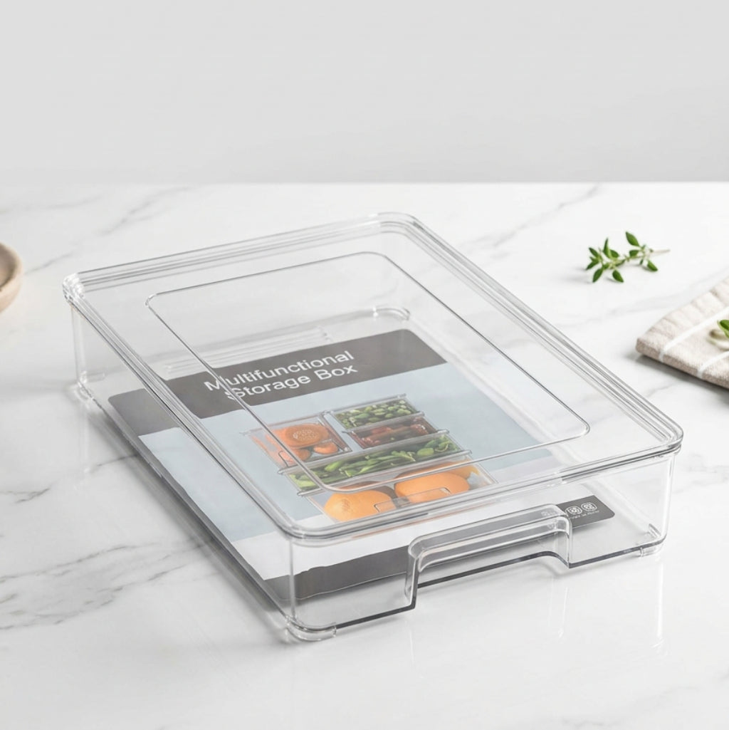 Multifunctional Clear Acrylic Storage Box with Lid – Stackable Kitchen Organizer