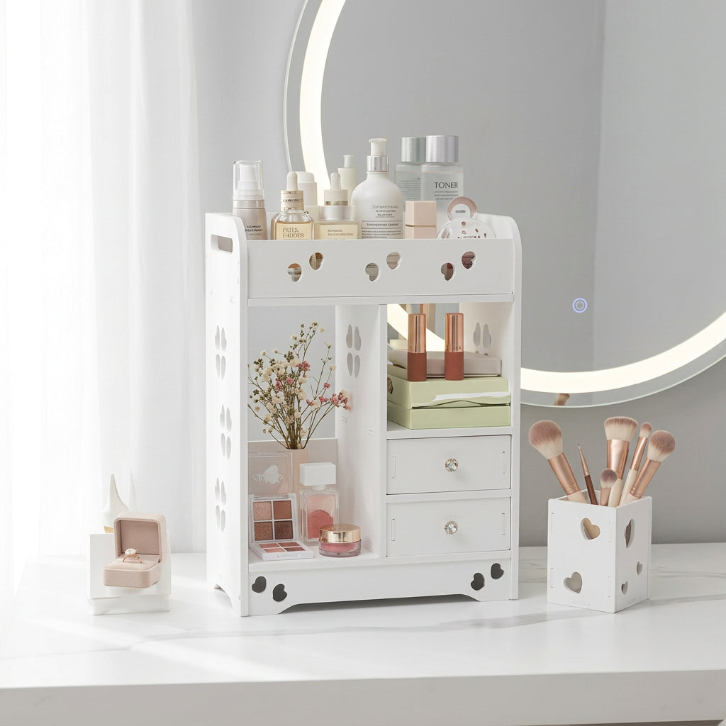Multi-Functional White Makeup Storage Organizer with Drawers & Brush Holder