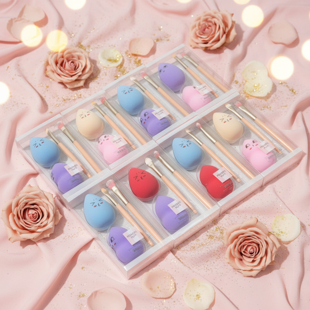 Beauty Essentials Gift Set – 4 Piece Makeup Sponge & Mini Brush Kit with Cute Character Faces