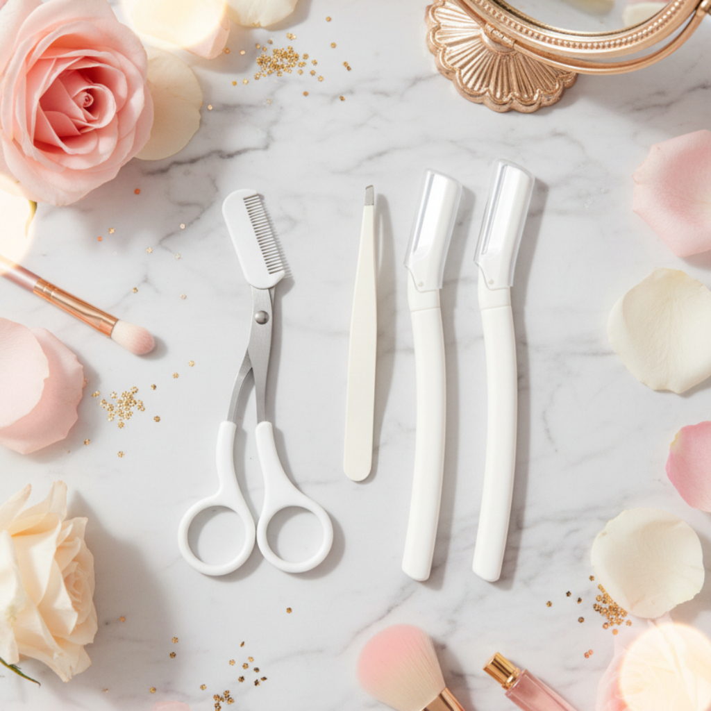 4-Piece Eyebrow Grooming & Shaper Kit – Professional Dermaplaning Razors, Scissors with Comb, and Tweezers Set