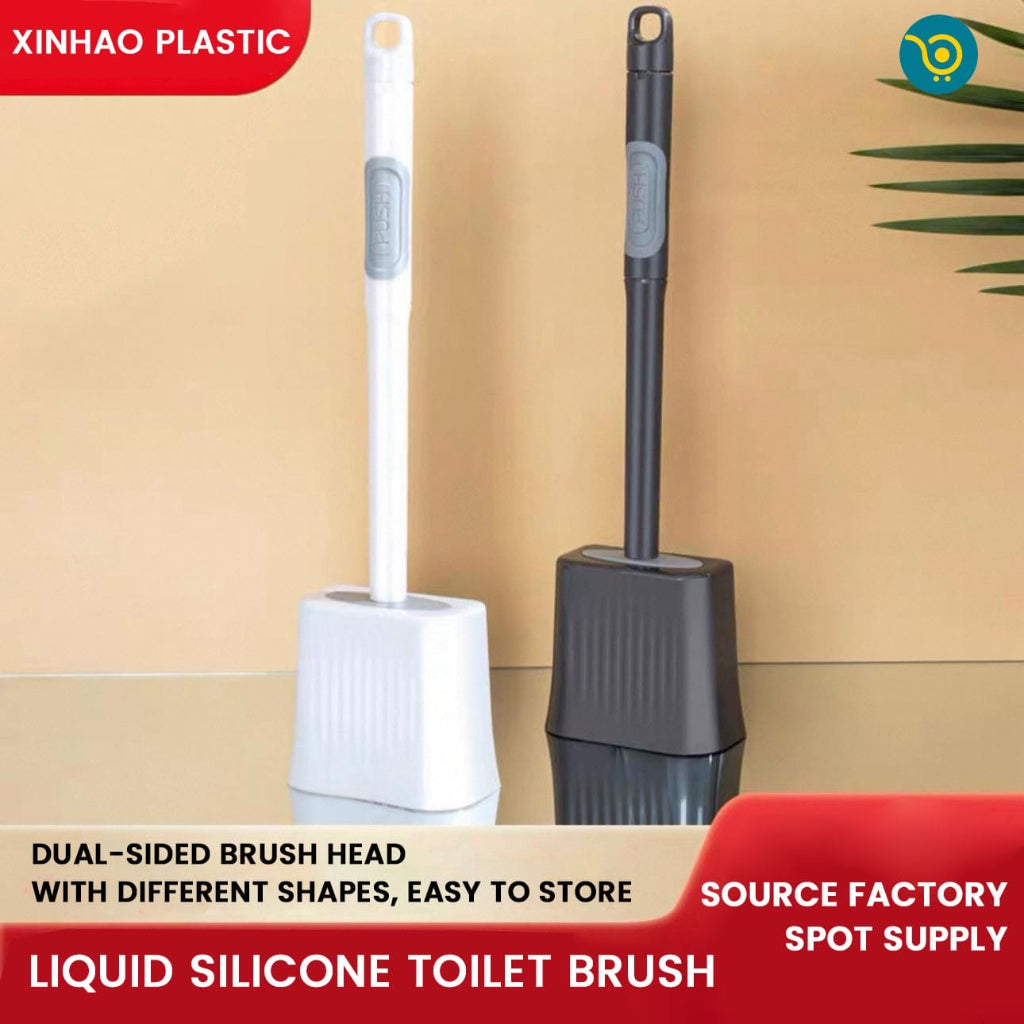 Toilet Brush and Holder Set for Bathroom, Deep-Cleaning Silicone Toilet Bowl Brush with Non-Slip Long Plastic Handle(White Black Gray)
