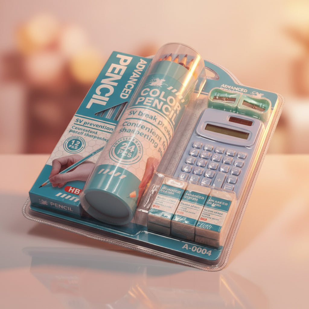 5 pcs Kids Stationery set Portable school supplies, including pencils, erasers,- sharpeners ,calculator, colors pencil ,back to school gift