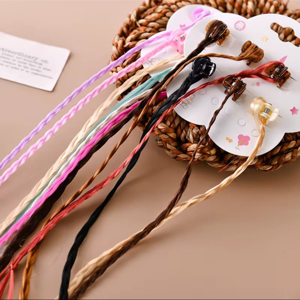 6 Pcs Kids Colorful Clip-In Braided Hair Extensions | Neon Synthetic Hairpiece Clips