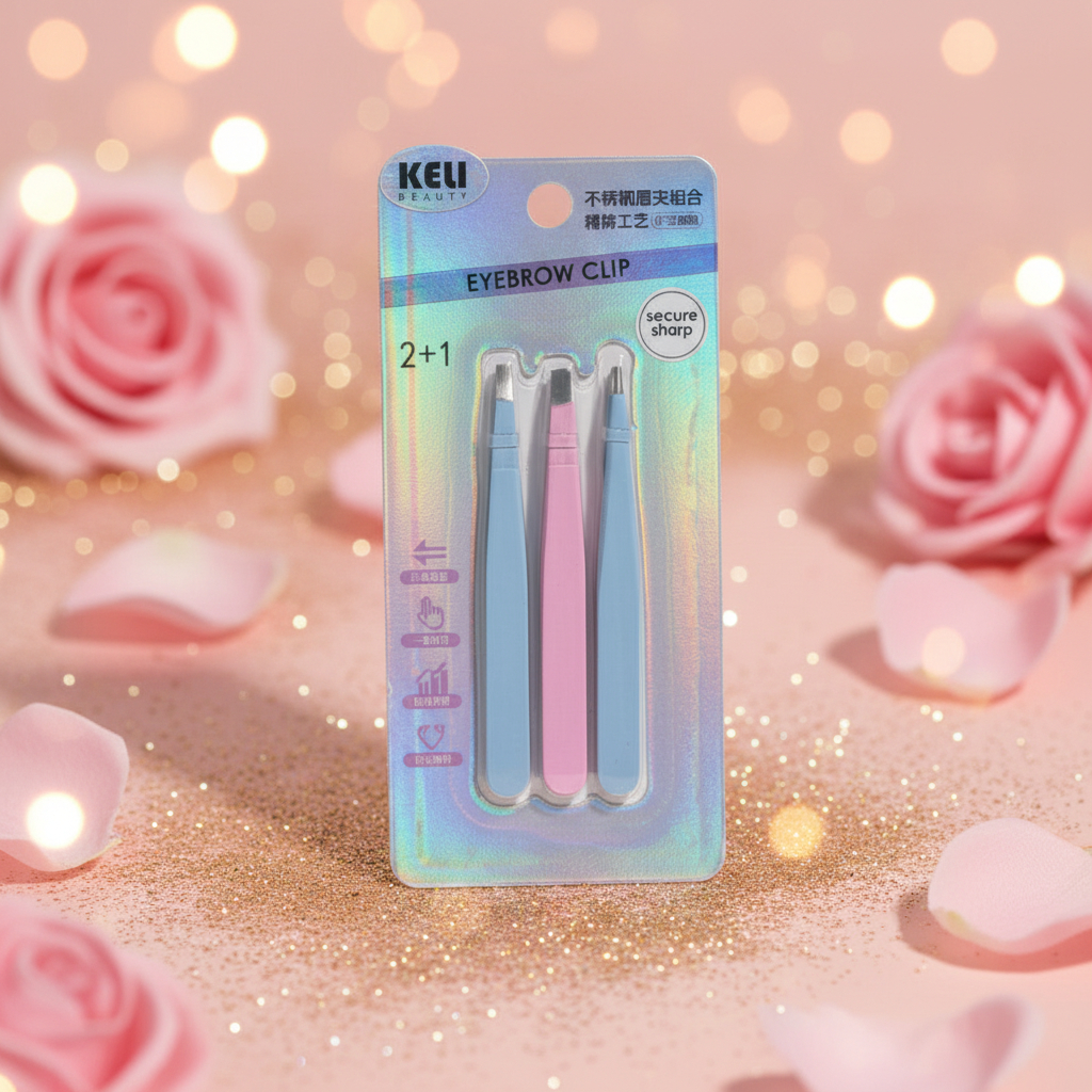 KELI Beauty 3-Piece Precision Eyebrow Tweezer Set – Professional Slanted & Pointed Hair Removal Clips for Facial Grooming