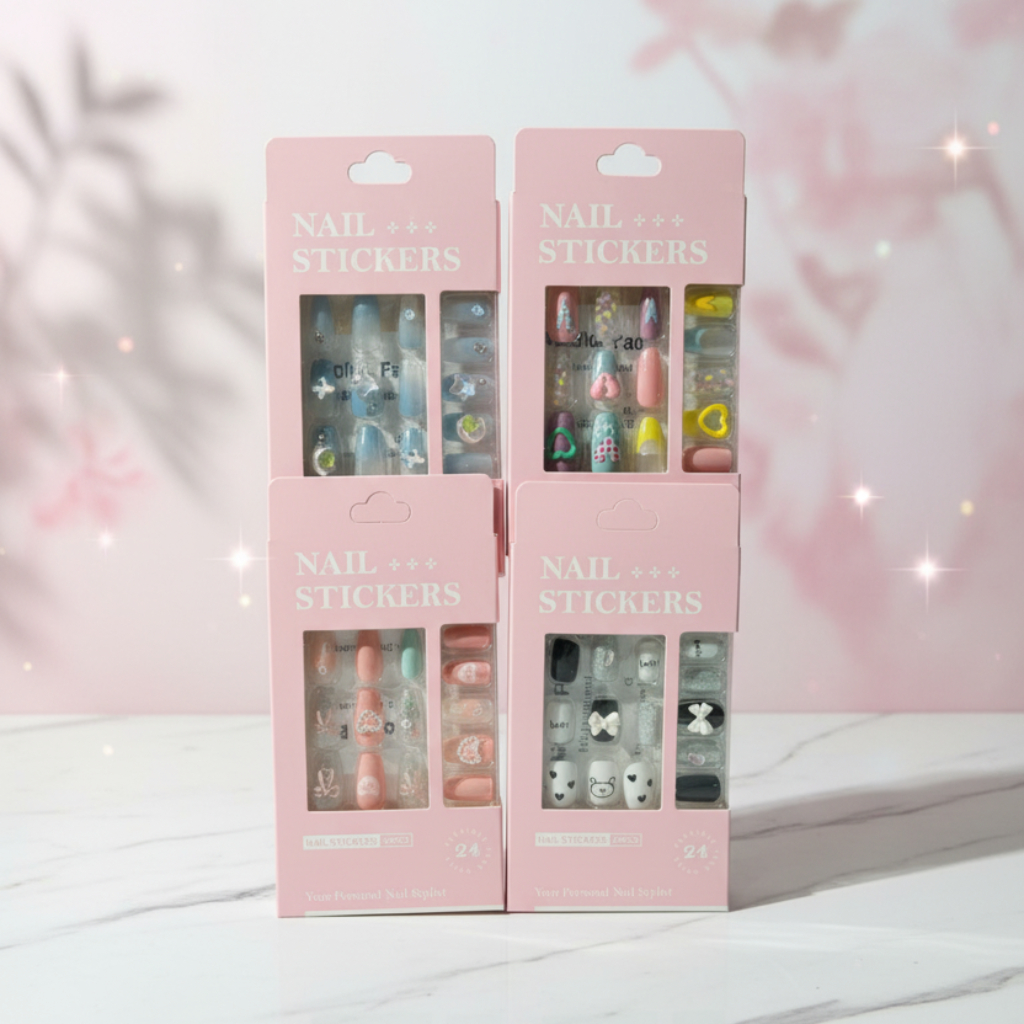 Premium 24pc Press-On Nail Kit – Multi-Design Artificial Fake Nails Set, Glossy Finish
