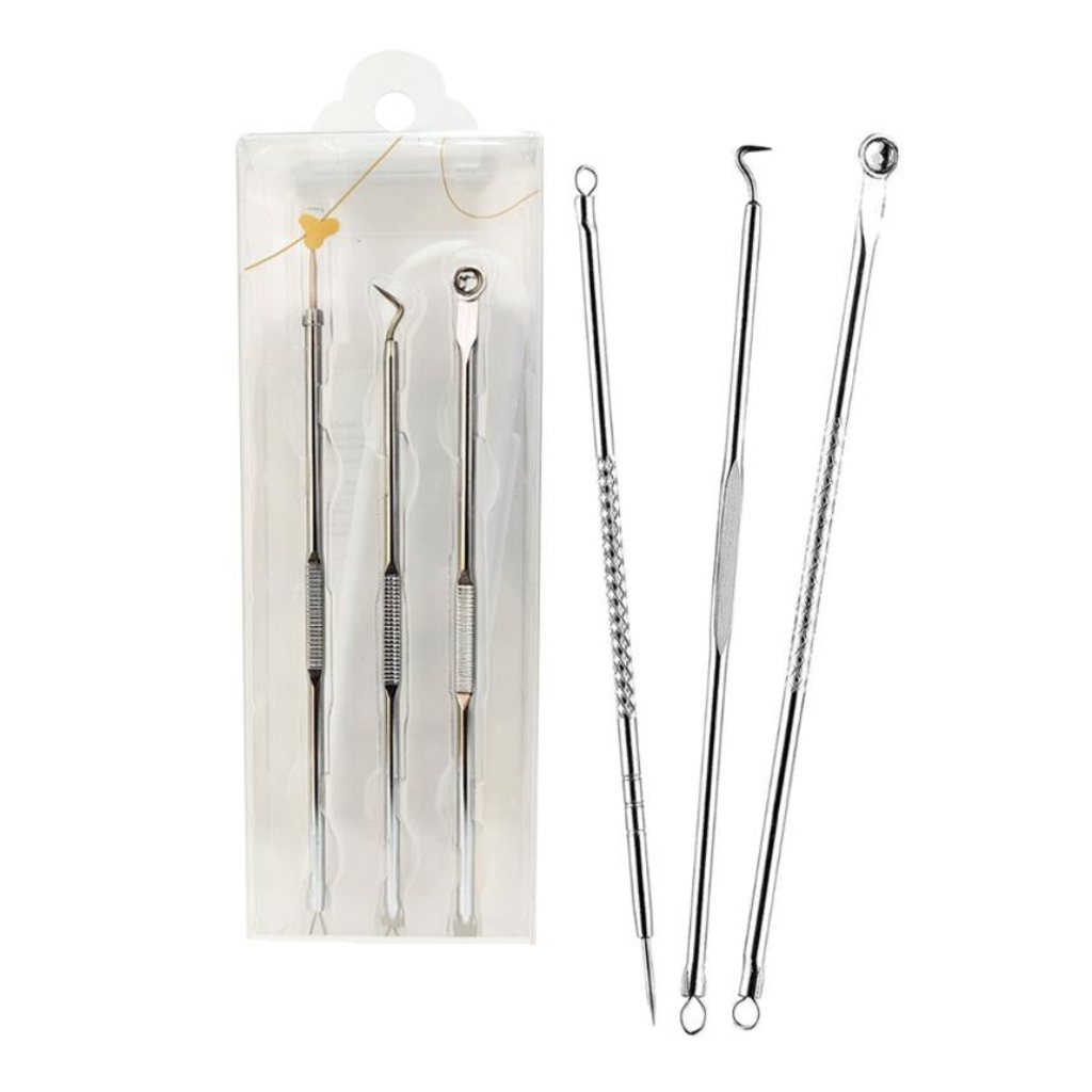 Professional 3-Piece Blackhead Remover Kit – Stainless Steel Pimple Comedone Extractor and Acne Blemish Removal Tool Set