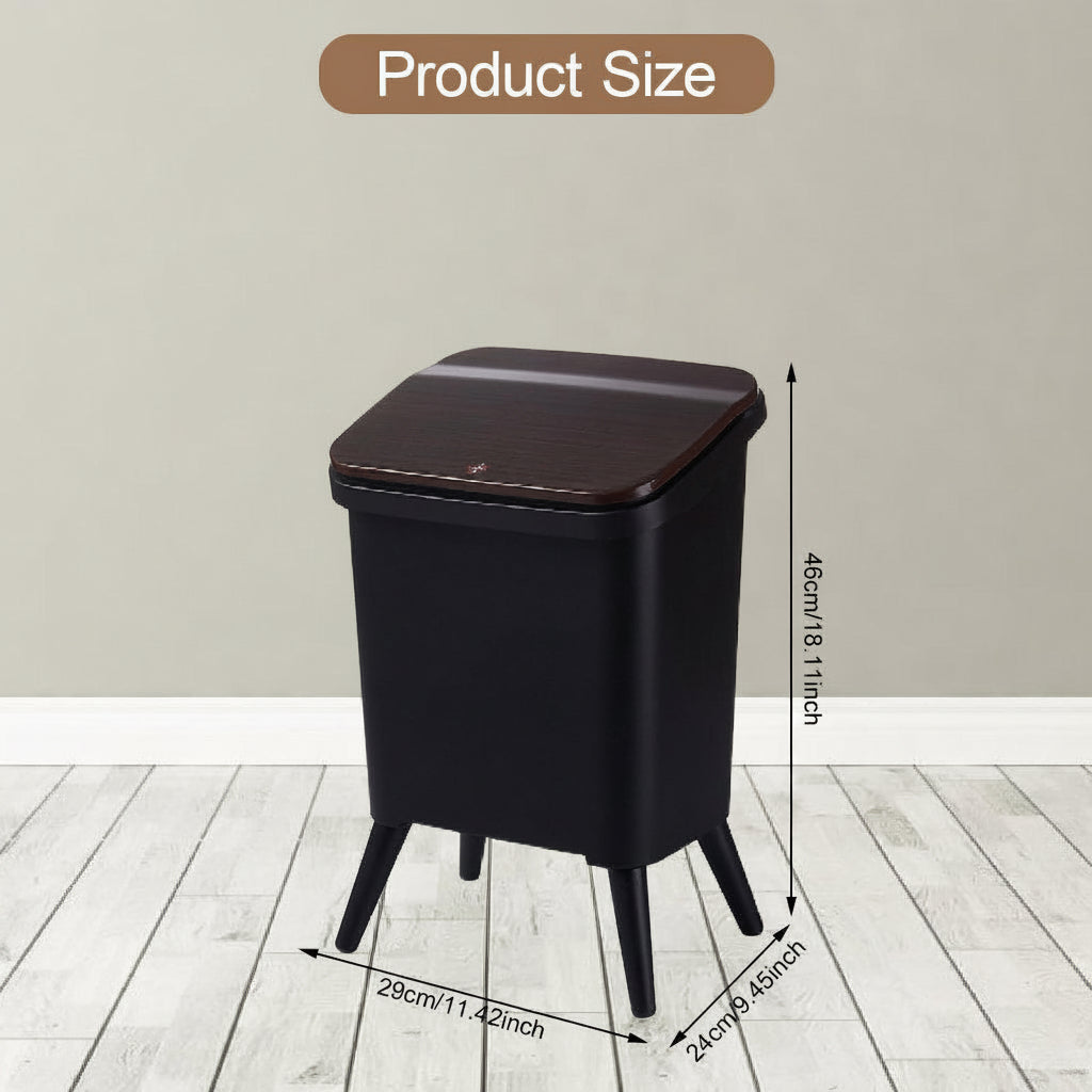 Black Trash Can Modern Minimalist Waste Basket with Wood-Grain Lid
