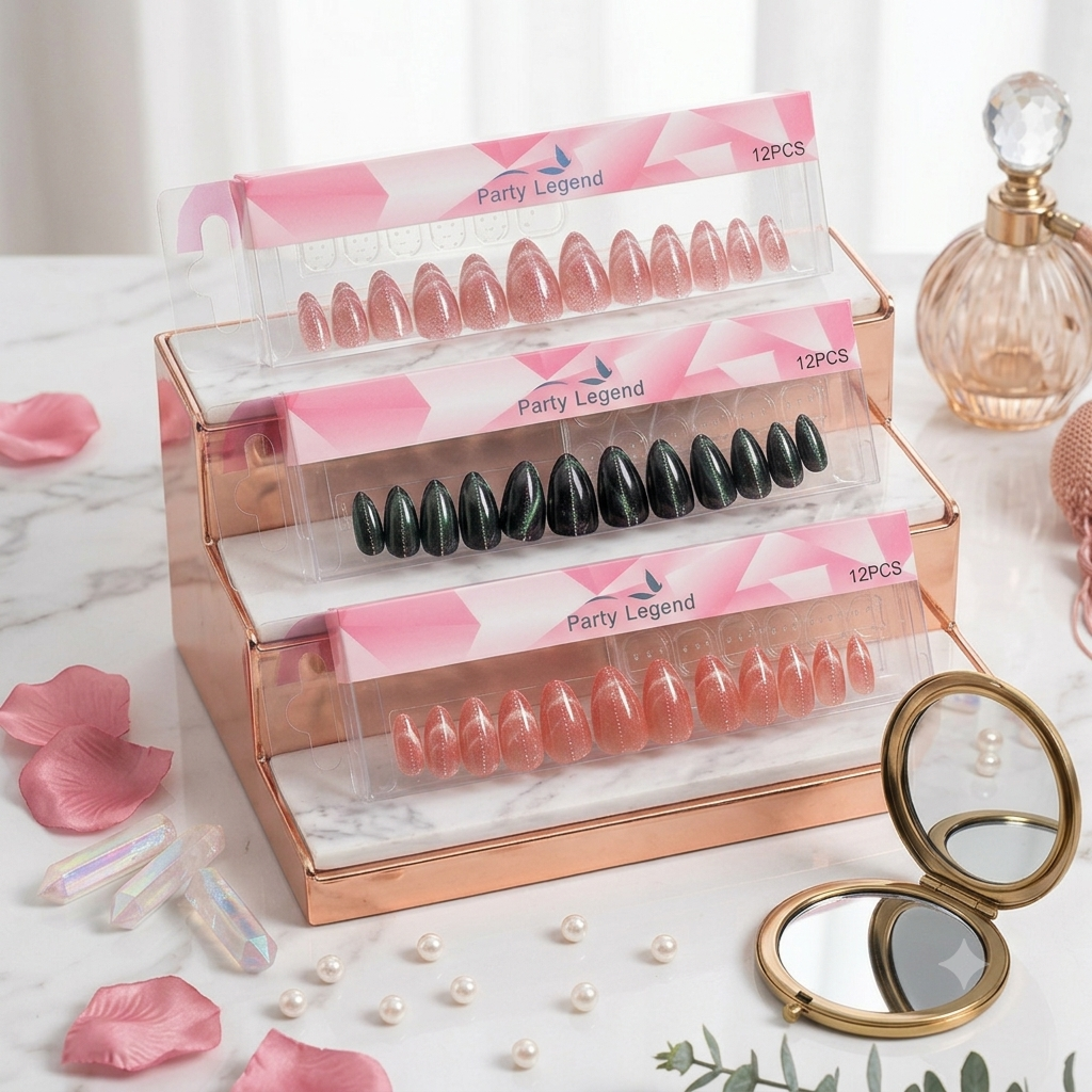Party Legend 12-Piece Premium Press-On Nail Set – Luxury Cat-Eye Magnetic Shimmer Finish, Salon-Quality Almond Shaped False Nails Kit