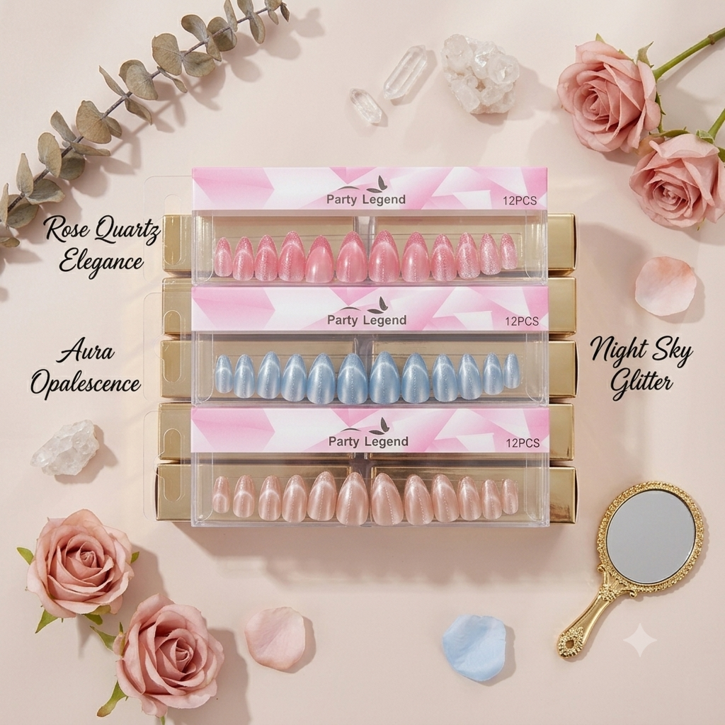 Party Legend 12-Piece Premium Press-On Nail Set – Luxury Cat-Eye Magnetic Shimmer Finish, Salon-Quality Almond Shaped False Nails Kit